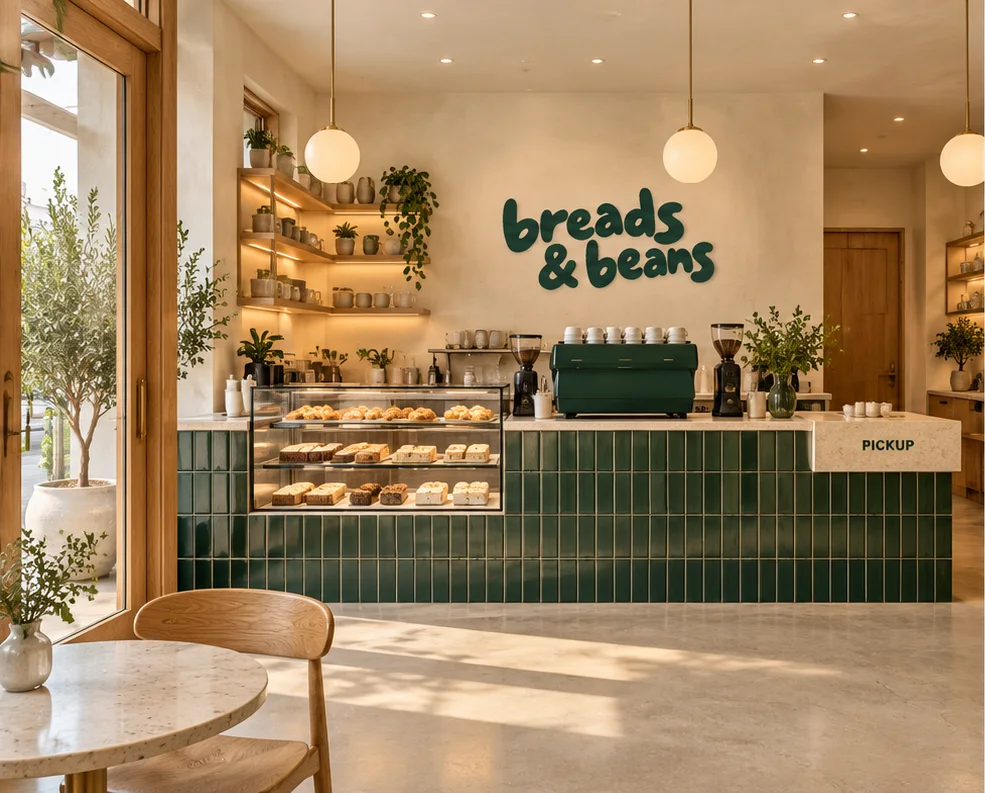 Concept of the café counter with green tiles, a pastry case and globe lights