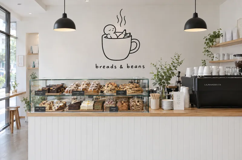 Concept of the café counter with a pastry case and a mug-bath drawing on the wall